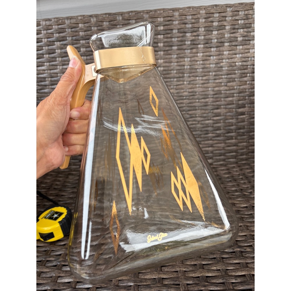 Vintage Inland Glass Triangle Carafe Pitcher Gold Atomic Diamond MCM 9.5in Retro - Picture 4 of 10